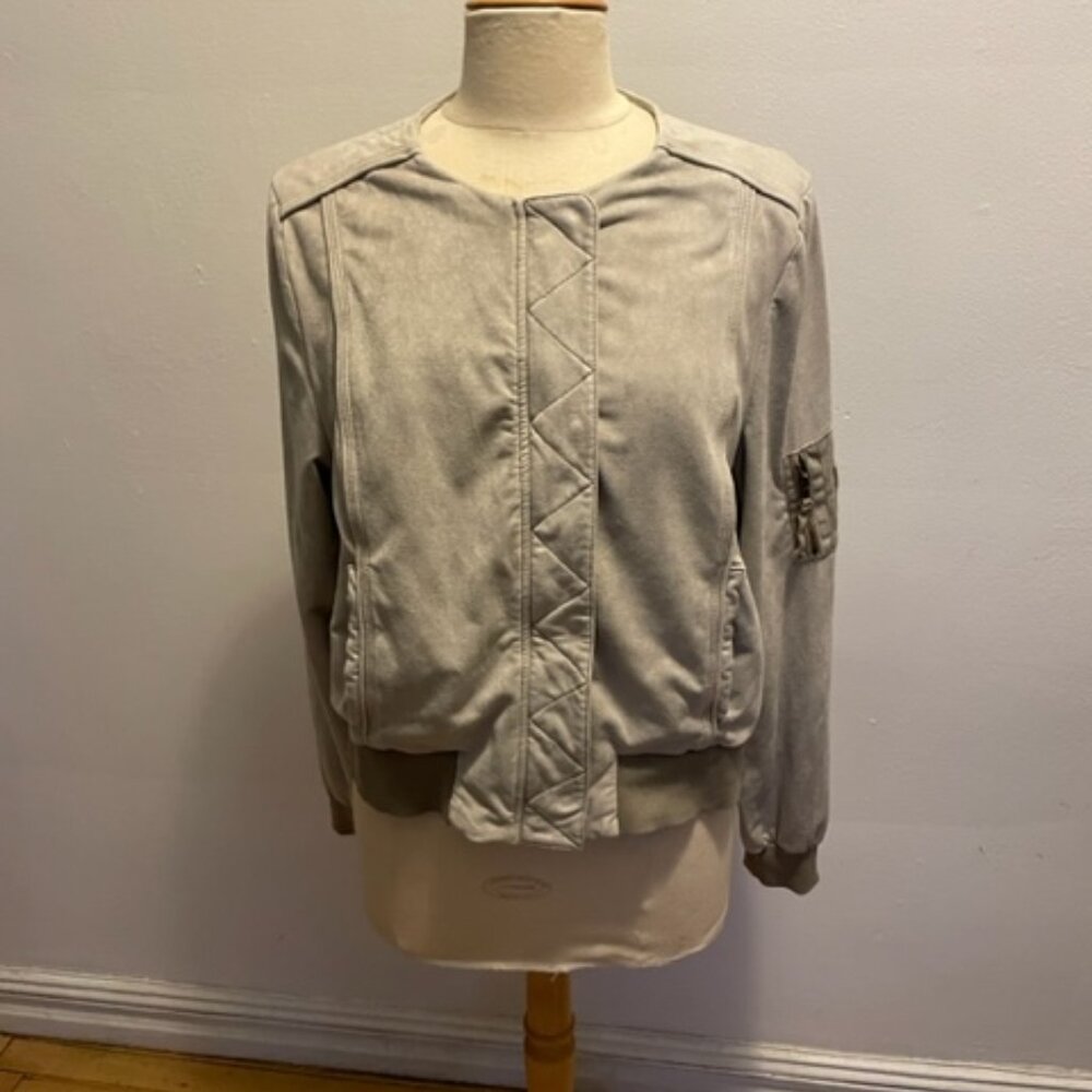 Marrakech Clothing collarless aviator bomber jacket in light taupe ultrasuede